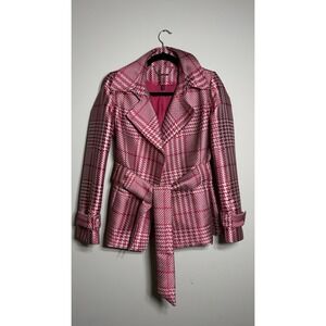 White House Black Market XS Pink Silver Houndstooth Belted Moto Style Jacket